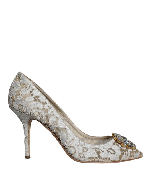 White Taormina Lace Crystal Heel Pumps Shoes