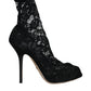 Black Lace Stretch Heels Mid Calf Boot Shoes