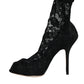 Black Lace Stretch Heels Mid Calf Boot Shoes