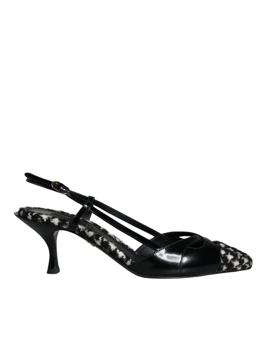 Black Leather Houndstooth Slingback Shoes