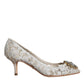 White Taormina Lace Crystal Heel Pumps Shoes