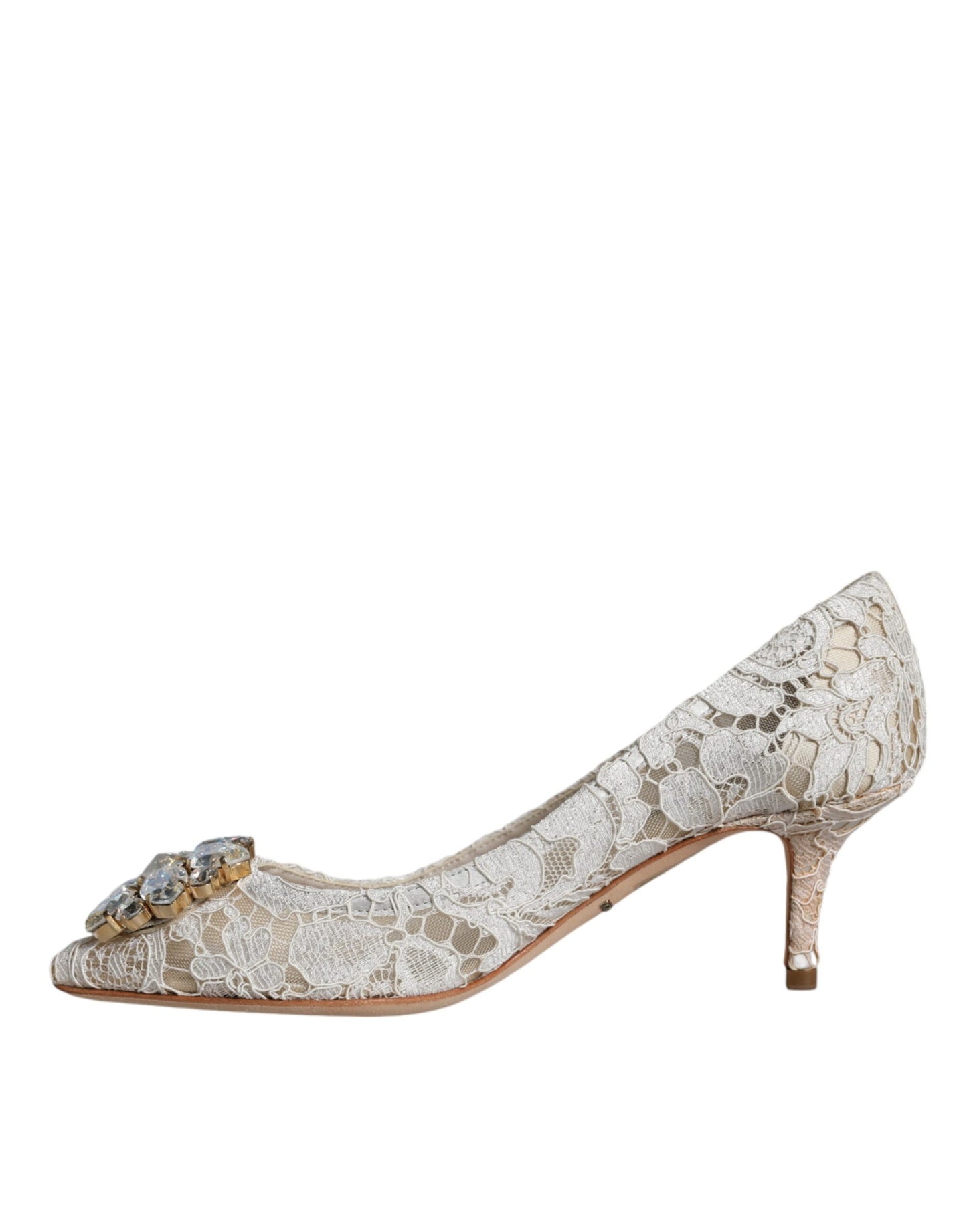 White Taormina Lace Crystal Heel Pumps Shoes