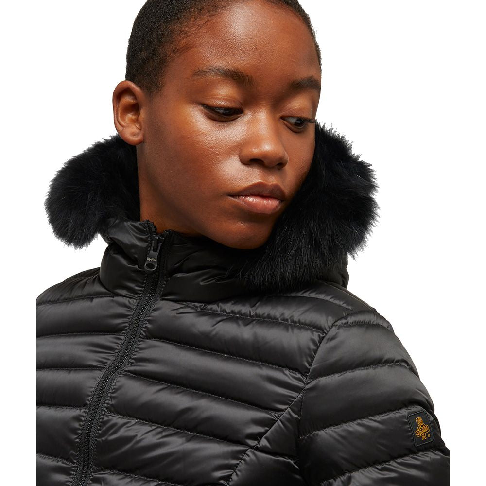 Black Nylon Women Jacket with Feather Padding