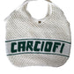 White Green Knitted Cotton Logo Shopping Tote Bag