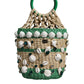 Beige Green Rafia Seashells Crystal Bucket Bag