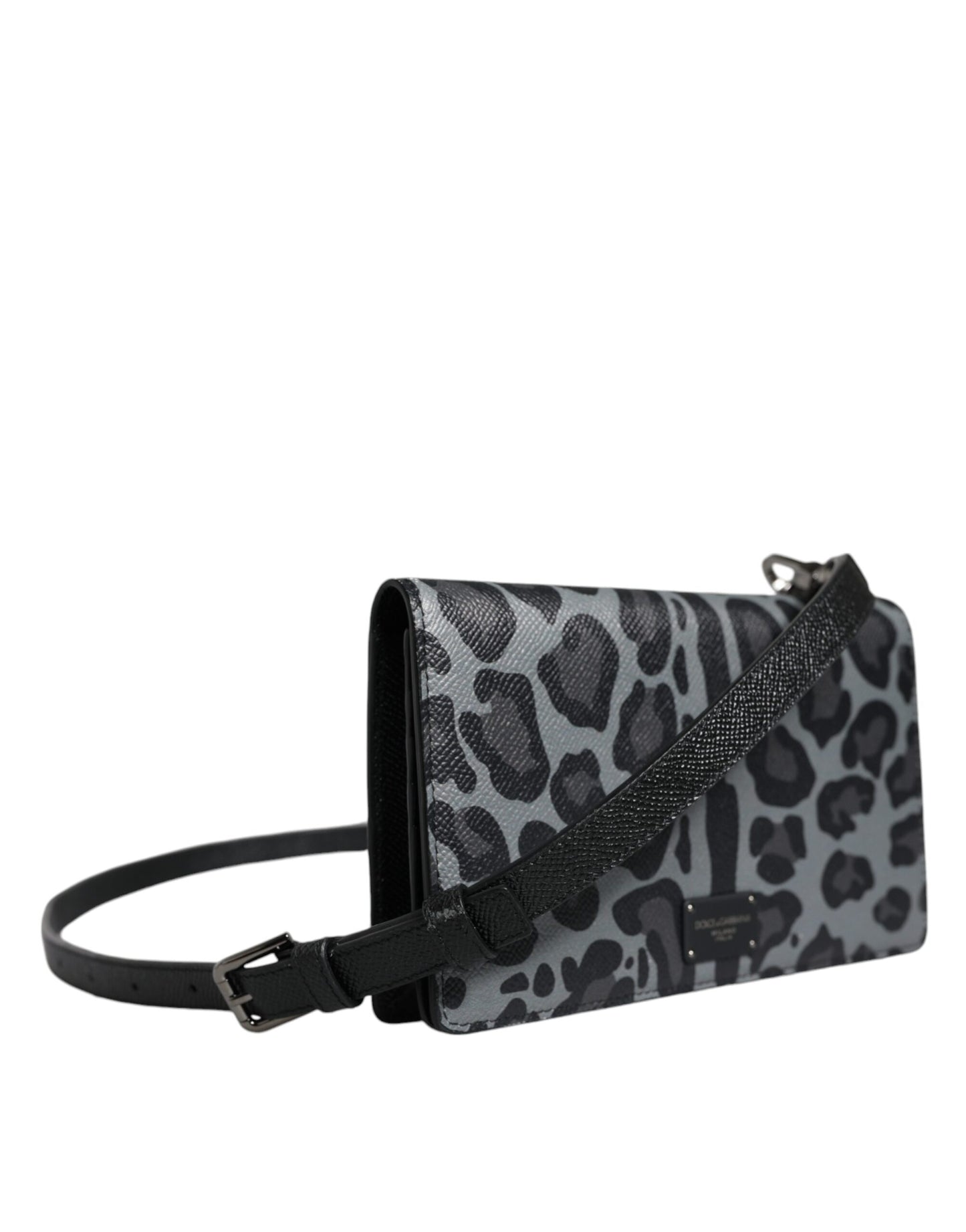 Black Gray Leopard Leather Bifold Card Slot Crossbody Bag