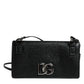 Black Leather Crystal Shoulder Crossbody Clutch Bag