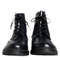 Black Leather Lace Up Mid Calf Boots Shoes