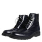 Black Leather Lace Up Mid Calf Boots Shoes