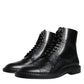 Black Leather Lace Up Mid Calf Boots Shoes