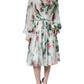 White Silk Floral Print A-line Midi Dress