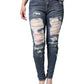 Blue Cotton Stretch Tattered Skinny Jeans