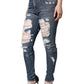 Blue Cotton Stretch Tattered Skinny Jeans