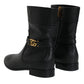 Black Leather Logo Mid Calf Boots Shoes