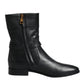 Black Leather Logo Mid Calf Boots Shoes