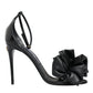 Black Leather Ankle Strap Heel Sandals Shoes