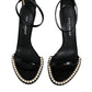 Black Keira Leather Faux Pearl Sandals Heels Shoes