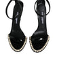 Black Keira Leather Faux Pearl Sandals Heels Shoes