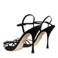 Black Leather Crystal Bow Heels Sandals Shoes