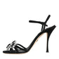 Black Leather Crystal Bow Heels Sandals Shoes