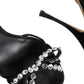 Black Leather Crystal Bow Heels Sandals Shoes