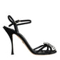 Black Leather Crystal Bow Heels Sandals Shoes