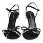 Black Leather Crystal Bow Heels Sandals Shoes