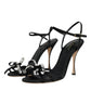 Black Leather Crystal Bow Heels Sandals Shoes