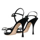 Black Leather Crystal Bow Heels Sandals Shoes