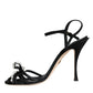 Black Leather Crystal Bow Heels Sandals Shoes