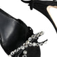 Black Leather Crystal Bow Heels Sandals Shoes