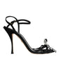 Black Leather Crystal Bow Heels Sandals Shoes