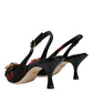 Black Red Floral Crystal Heel Slingback Shoes