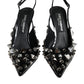 Black Leather Crystal Stud Slingback Shoes