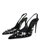 Black Leather Crystal Stud Slingback Shoes