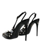 Black Leather Crystal Stud Slingback Shoes