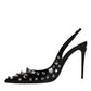 Black Leather Crystal Stud Slingback Shoes