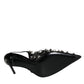 Black Leather Crystal Stud Slingback Shoes