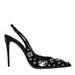 Black Leather Crystal Stud Slingback Shoes