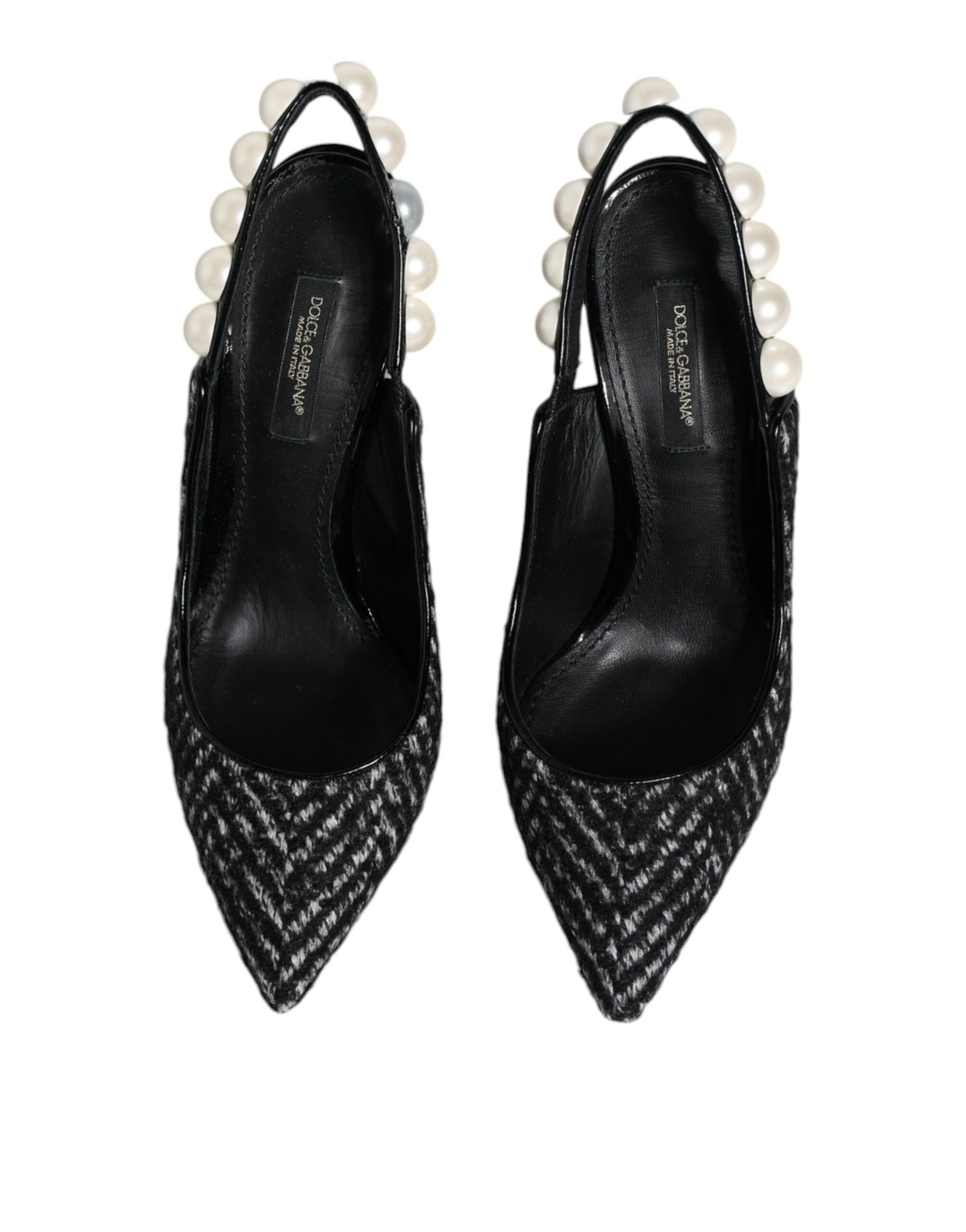 White Black Chevron Faux Pearl Slingback Shoes