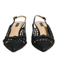 Black Leather Woven Heels Slingback Shoes