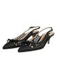 Black Leather Woven Heels Slingback Shoes