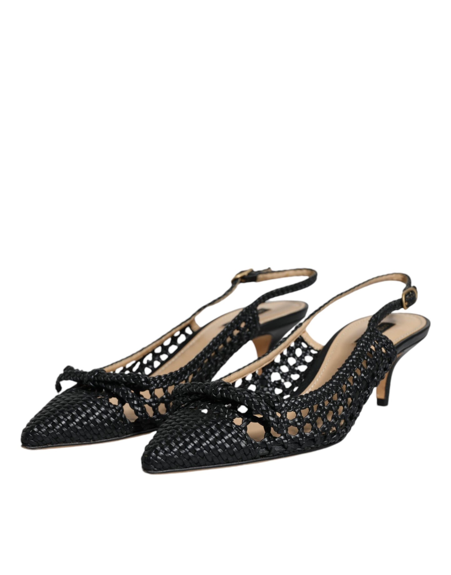 Black Leather Woven Heels Slingback Shoes