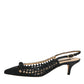 Black Leather Woven Heels Slingback Shoes