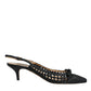 Black Leather Woven Heels Slingback Shoes