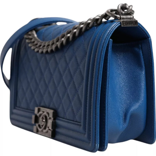 Blue Lambskin Double Chain Leather Medium Shoulder Bag