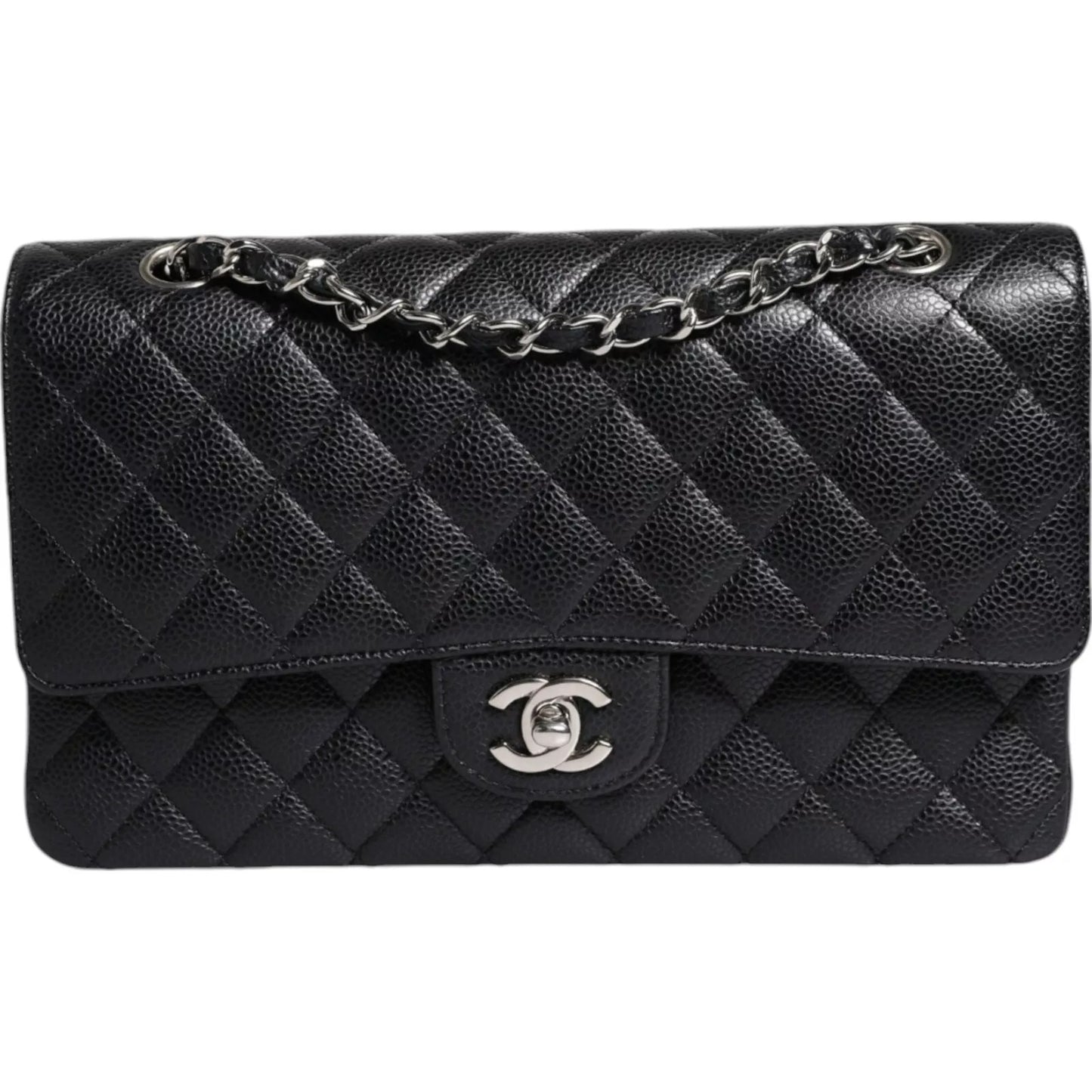 Black Caviar Medium Classic Double Flap Shoulder Quilted Silver Bag