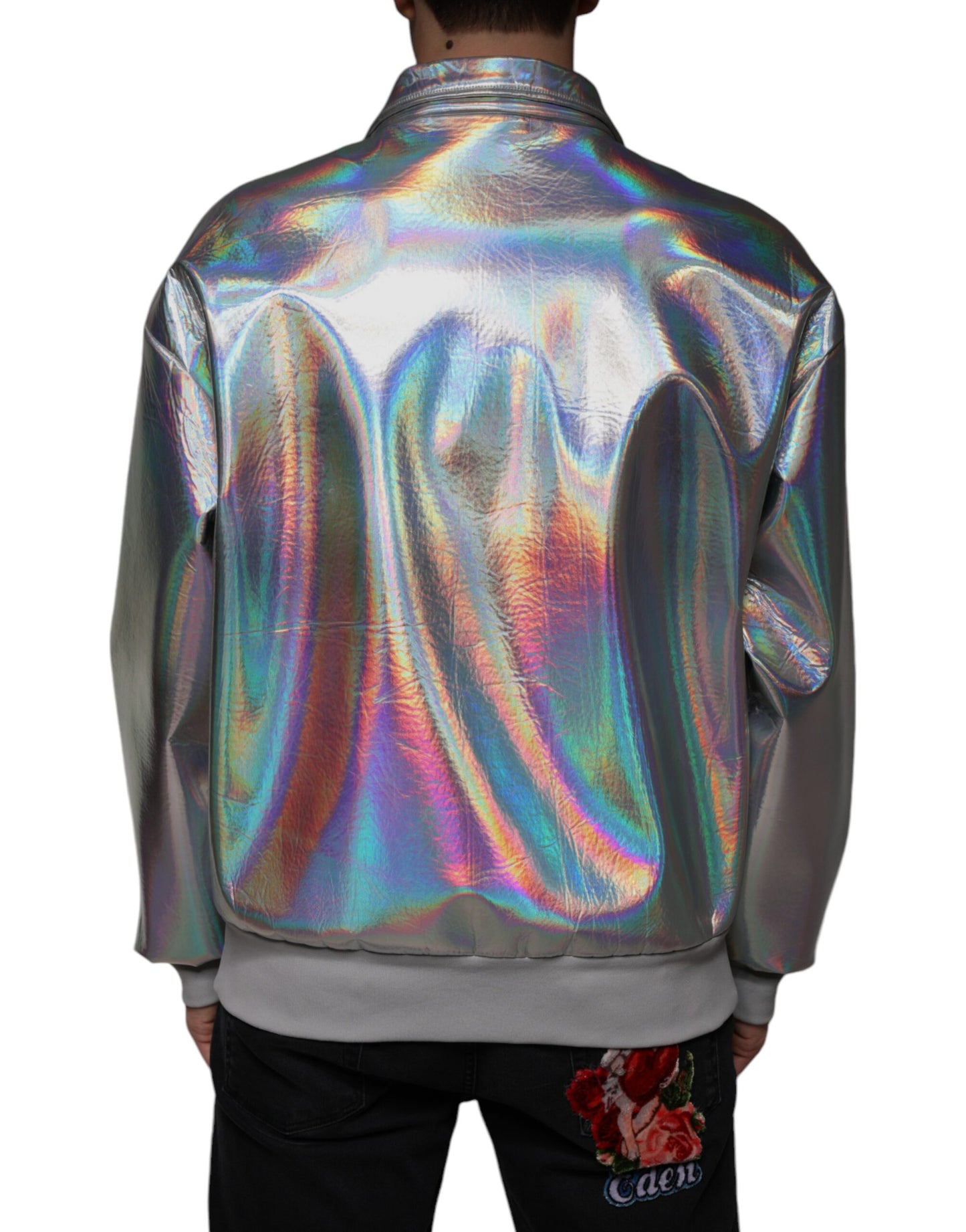 Silver Iridescent Full Zip Men Bomber Jacket