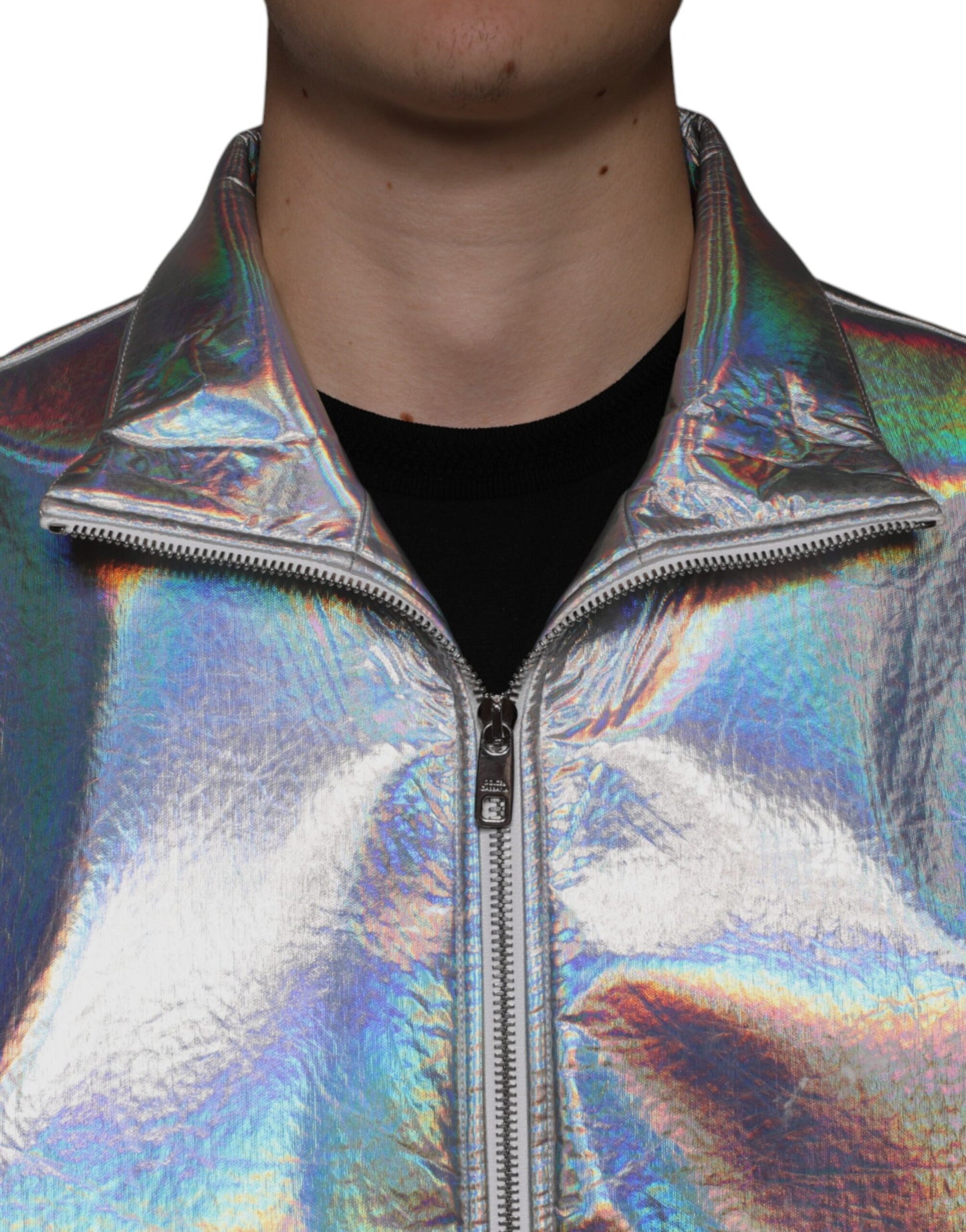 Silver Iridescent Full Zip Men Bomber Jacket