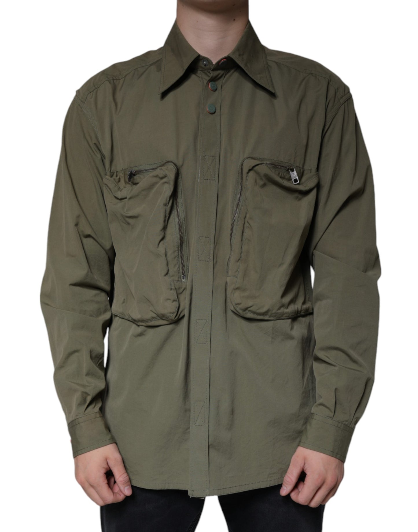 Military Green Cotton Bend Collared Coat Jacket